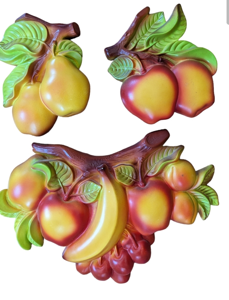 Vintage 1970 miller studio chalkware fruit wall hangings, set of 3